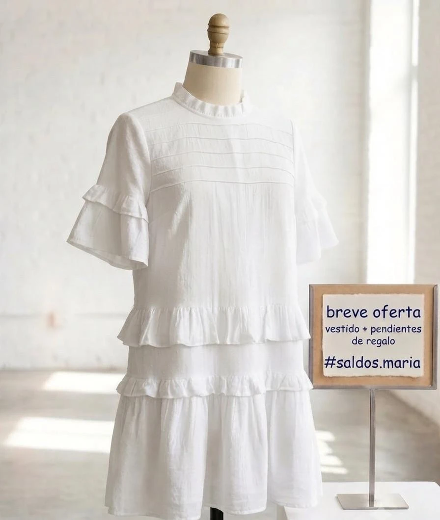 Lote 🍃Nuevo Vestido blanco "coquette" volantes -Talla Xs- Nuevo + pendientes